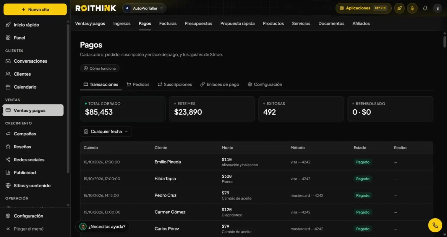 Lista de cobros con tarjeta