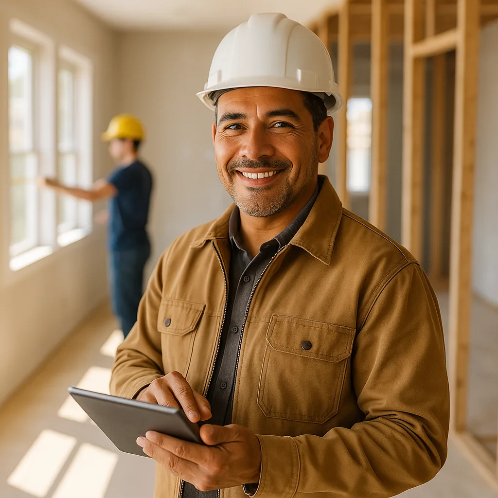 A contractor in a hard hat at a home renovation, with a crew member in the background
