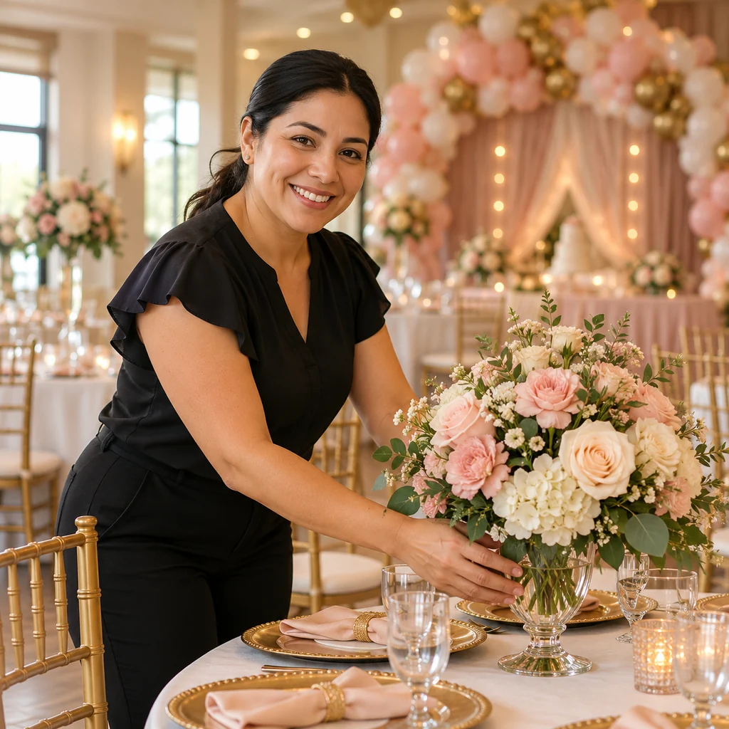 Hands arranging a floral centerpiece in an event hall being set up
