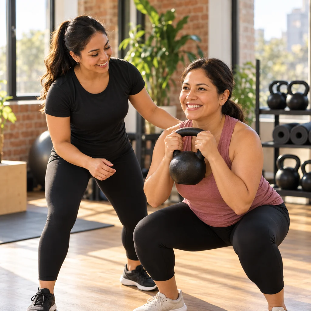 A trainer leads a small class in a boutique fitness studio