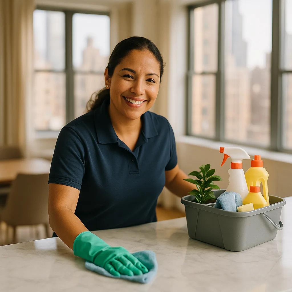 A professional cleaner wipes a marble kitchen island in a bright apartment