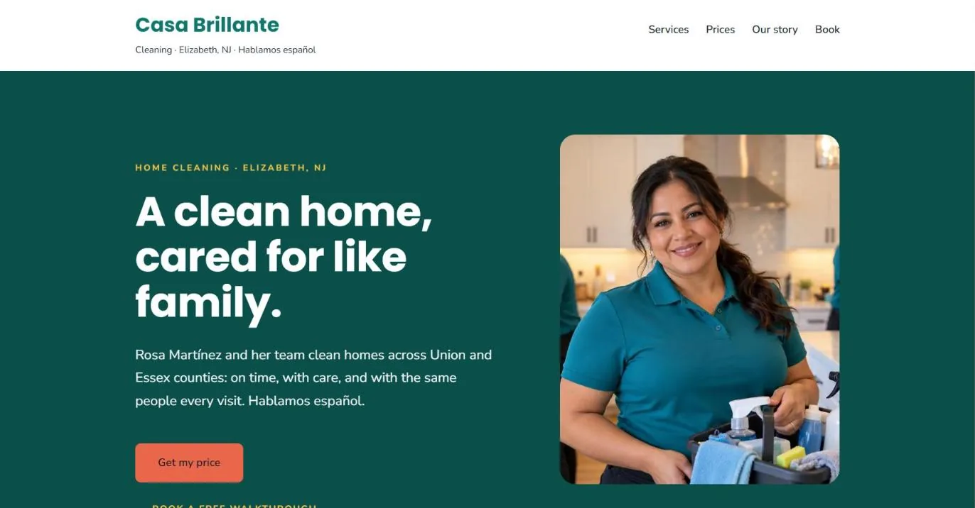 Casa Brillante website home page on a computer: «A clean home, cared for like family.» with a photo of Rosa, the owner