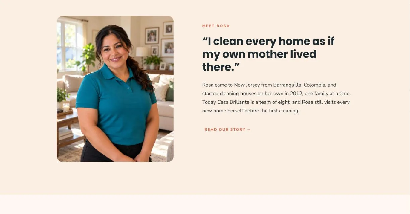 Casa Brillante «Meet Rosa» section with her photo and her story