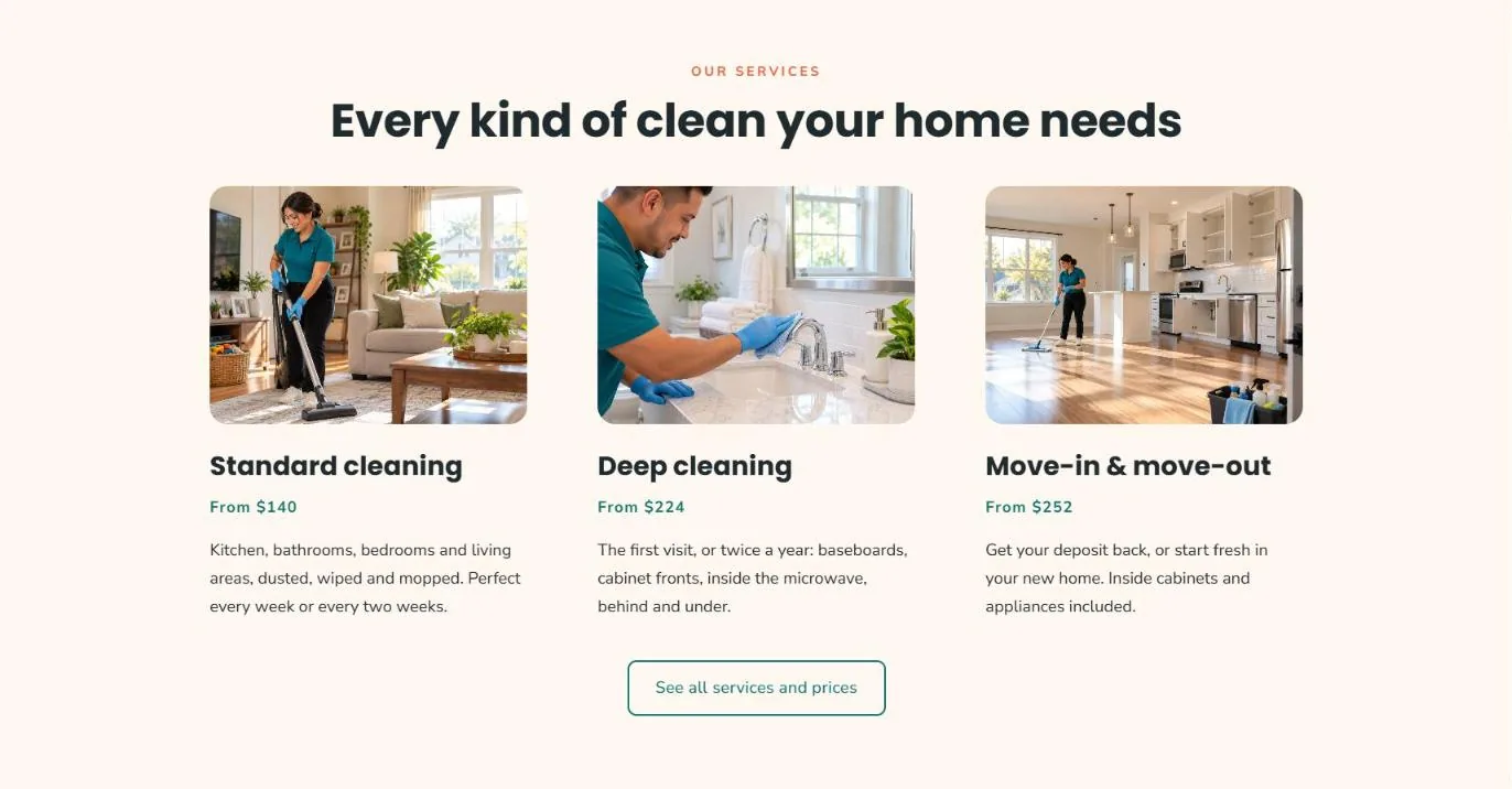 Casa Brillante services section: standard cleaning from $140, deep cleaning from $224, move-in and move-out from $252