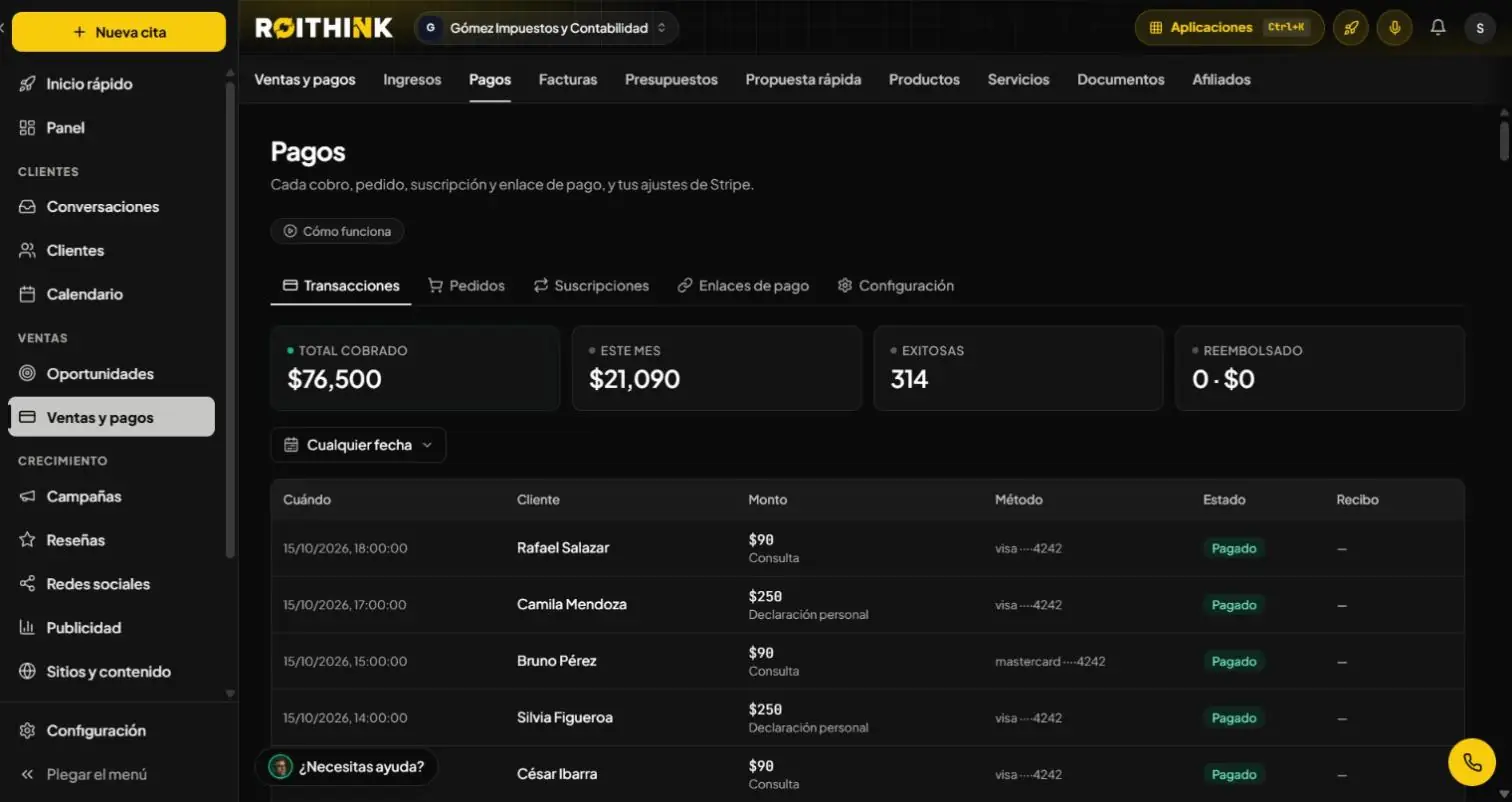 Lista de cobros con tarjeta