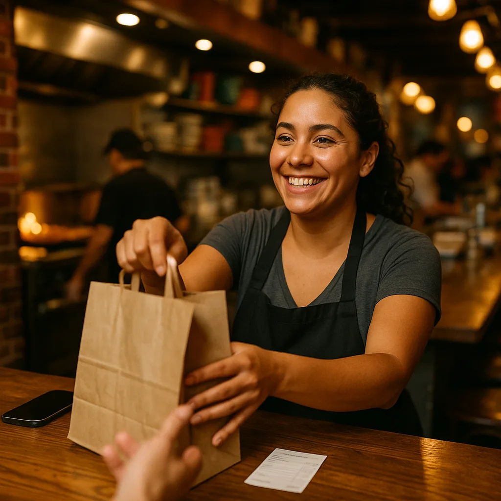 A server at a Latin restaurant hands a takeout order to a customer