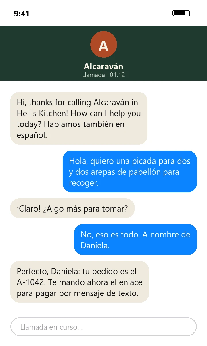 A call to the AI host: the customer orders a picada and two arepas, and gets the payment link by text