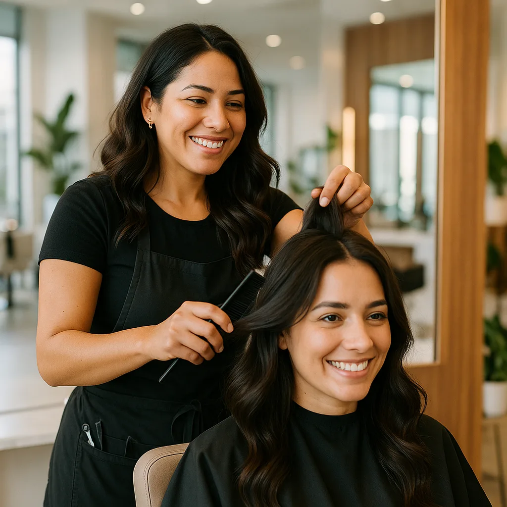 A stylist finishes a client's hair in a bright beauty salon