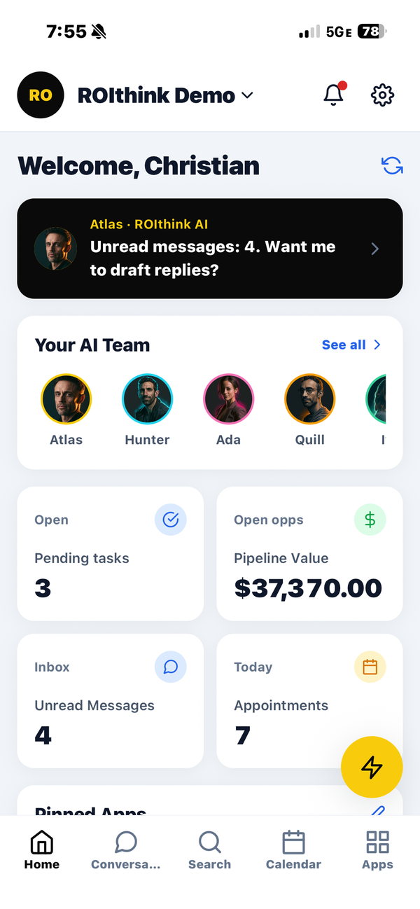 ROIthink iPhone app: pipeline value, unread messages and today's appointments