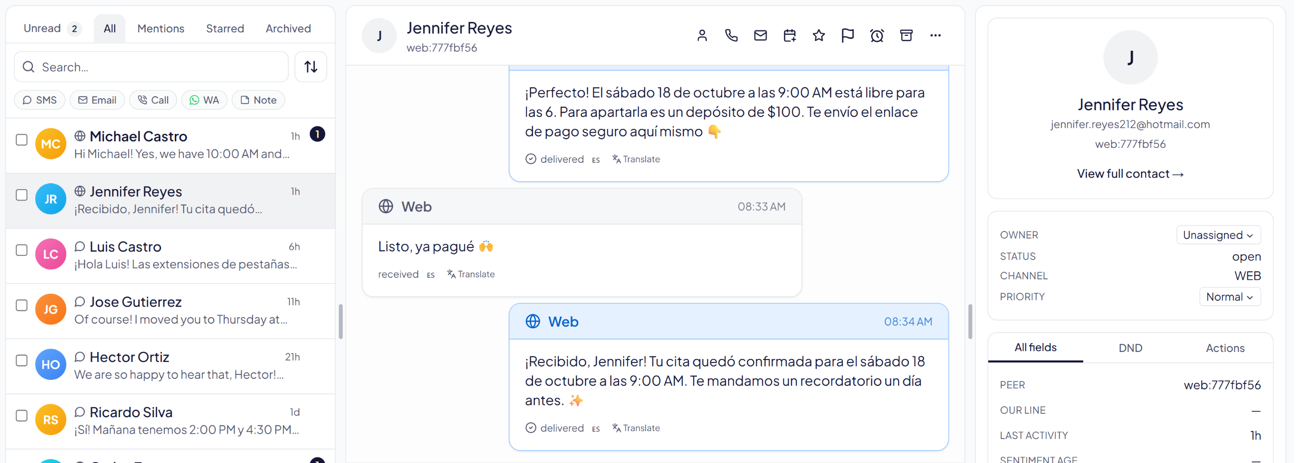 ROIthink inbox: the AI books a quinceanera for 6, takes the deposit and confirms the date